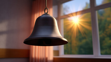 Obraz premium Hanging metal bell inside room with sunlight shining through window creating warm atmosphere