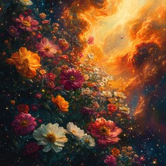 A vibrant floral display against a backdrop of celestial clouds and starry skies at twilight