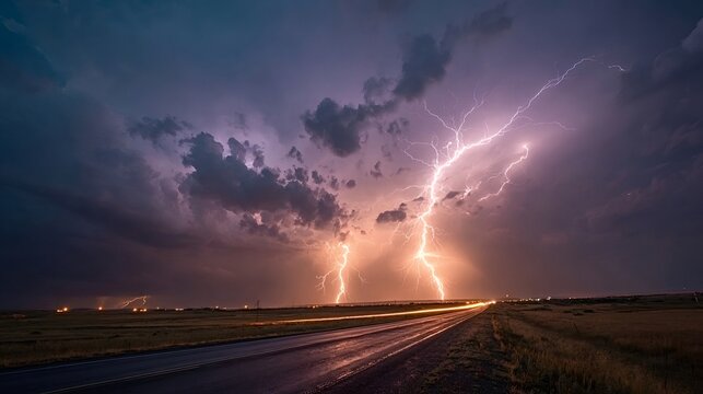 Powerful lightning bolts striking the ground near a highway at night create a dramatic scene, showcasing nature's raw energy and the awe inspiring force of a thunderstorm