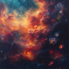 A vibrant nebula with flowers floating in space amidst a colorful cosmic cloudscape and twinkling stars