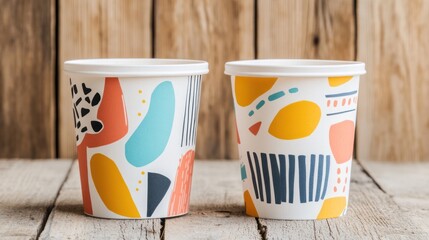 Artistic Food Container: Two contemporary food containers adorned with unique and colorful abstract design sit side by side in a studio setting. 