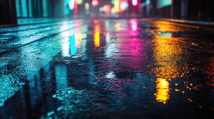 Rainy Night City Reflections: Vibrant neon lights from a bustling city street reflect in glistening puddles on a rain-soaked pavement, creating a captivating display of color and light.