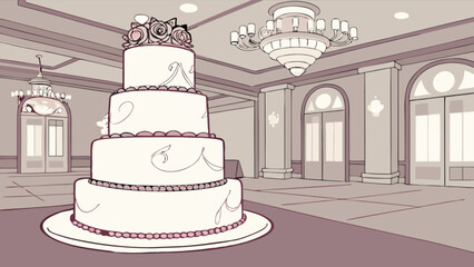 Elegant wedding cake illustration in ballroom with chandeliers and arched doorways design vector