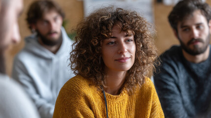 Fototapeta premium Young woman with curly hair wearing yellow sweater attentively listening in casual group meeting with blurred people