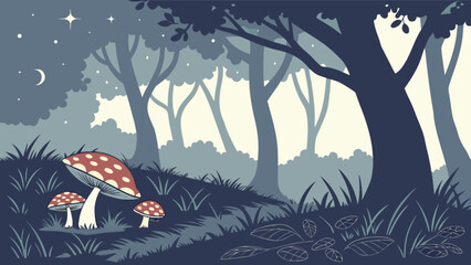Mushroom forest night scene vector illustration with trees moon and stars landscape background graphic design