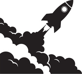 Rocket Launching into Space with Clouds of Smoke Depicting Lift Off and Ambition in a Simplistic Black and White Graphic
