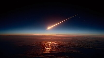 Glowing meteor streaking through earth's atmosphere at sunset, creating a breathtaking cosmic spectacle above a landscape filled with clouds and vibrant hues of dusk