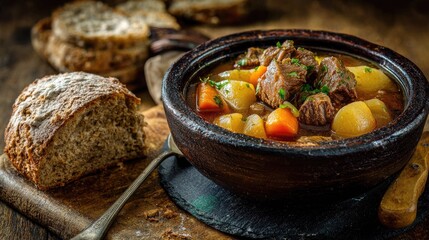 Hearty stew in a rustic bowl, served with bread