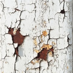 Close up of peeling paint and rust texture on aged metal surface on white background