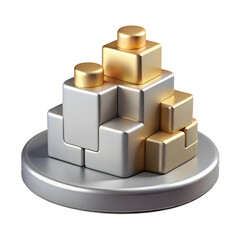 Naklejka premium Abstract geometric sculpture of interlocking silver and gold blocks with rounded tops on a silver disc