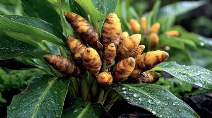 Close up of a turmeric plant growing, displaying its vibrant yellow rhizomes and lush green leaves covered with water drops, showcasing the beauty and health benefits of this spice