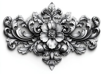 Detailed monochrome floral ornament with leaves and swirls on a white background in a symmetrical design