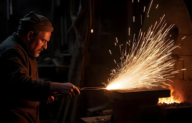 Realistic Fiery Blacksmith Forging Metal in Dark Workshop