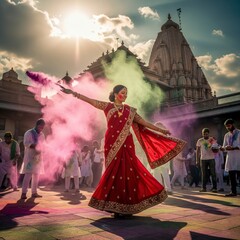 The vibrant joy of the Holi festival in India, with a woman in traditional dress dancing as colored powder explodes around her
