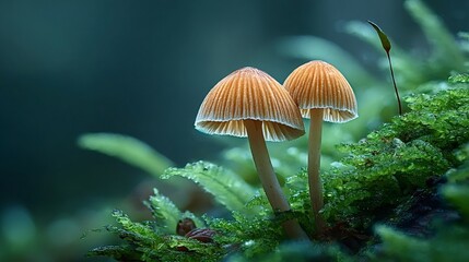 Two small, delicate mushrooms with orange caps and white stems are growing from a bed of vibrant green moss, creating a captivating scene of natural beauty