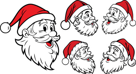 Santa Claus Face Vector Set Bold Outline Flat Christmas Icons