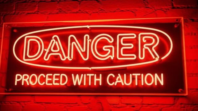 Vibrant Red Neon Danger Sign with 'Proceed with Caution' Text on a Dark Brick Wall Background, Illuminating a Warning Message