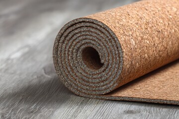 Rolled Natural Cork Mat on Wooden Surface for Eco-Friendly Decor