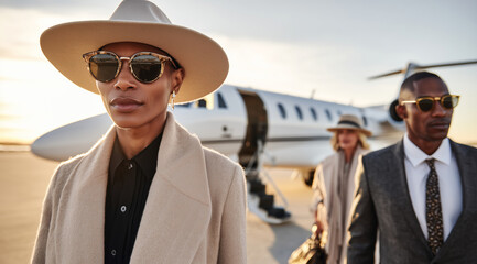 An ultra-realistic photograph of two well-dressed couples, each with sunglasses and hats, walking towards the camera as they get off their private jet at sunset on the tarmac in Lo