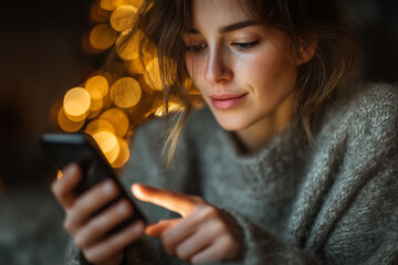A detailed close-up showing a hand interacting with a smartphone in a softly lit indoor setting. 