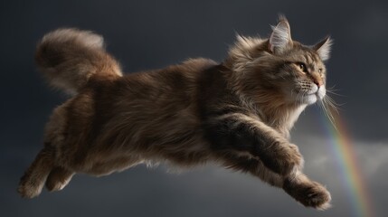Majestic maine coon cat leaping gracefully through a dramatic sky with rainbow