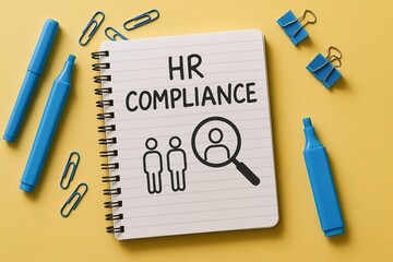 HR compliance notebook with magnifying glass icon and office stationery on desk.