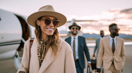 Cinematic, documentary-style photography of elegant people disembarking from a private jet with their luggage and wearing stylish . The woman is smiling in sunglasses and has her l