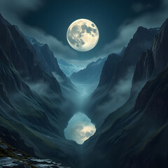 full moon illuminates a dramatic mountain valley,