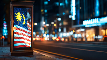 Animated Malaysian flag on a digital billboard in a soft-focus urban street scene