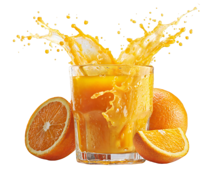A vibrant splash of fresh orange juice erupts from a glass surrounded by juicy oranges, isolated on transparent background