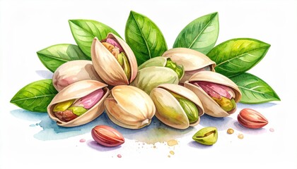Watercolor illustration of pistachios with leaves