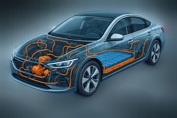 Modern electric vehicle with transparent sections showing battery and electric motor components.
