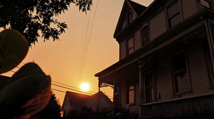 Sunrise over a historic house, silhouetted trees and foliage.  Warm golden light bathes the old home