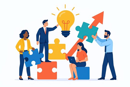 Diverse team collaborating on innovative ideas with puzzle pieces light bulb growth.