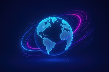 Fototapeta premium Futuristic digital globe Earth with glowing orbit lines and cosmic background.