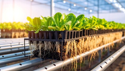 Rows of young lettuce seedlings in black plastic trays, growing in a greenhouse.  Sunlight streams through the structure