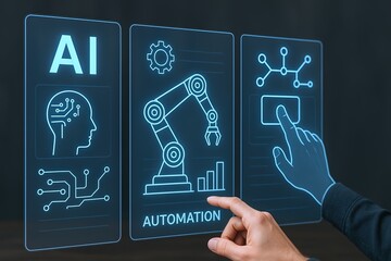 Futuristic artificial intelligence technology interface with automation robotic arm diagram and digital data visualization.