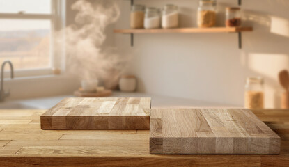 Blurred kitchen interior with shelves and containers on the wall – wooden table with wooden cutting boards in foreground for product placement and home cooking presentation
