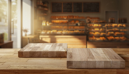 Wooden table with pedestal for product display in warm sunlit bakery interior – background with...