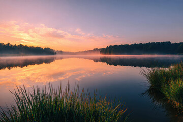 Obraz premium serene summer dawn unfolds over tranquil lake with soft hues of orange and pink gently illuminating horizon