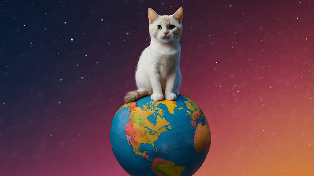 Flat Design of Cat on World Globe for Cat Day Celebration Posters