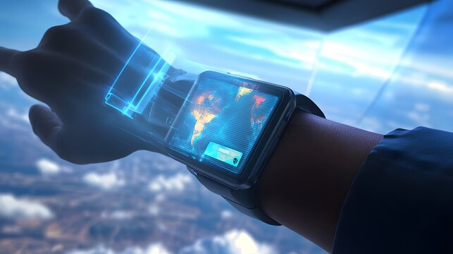 Visionary Interface: A futuristic smart watch displays a holographic projection, offering a glimpse into an advanced technological interface. This captivating image shows the potential of innovation.