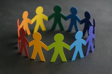 Colorful Paper Cutout Figures Holding Hands Forming a Circle on Gray Background.