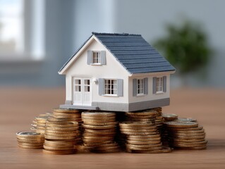 Conceptual Small House Model on Stack of Coins Representing Growth