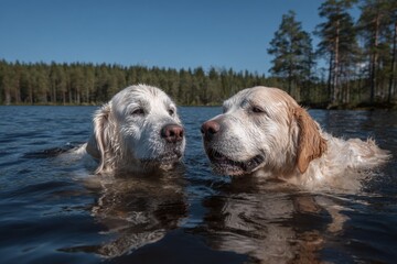 Nature's joy: dogs splash in lake, celebrating friendship and fun. Joyful companions. Joyful dog breeds: how their happy expressions enhance our daily lives. Dog smiles. Dog delight.