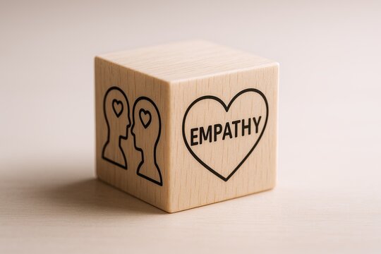 Wooden block with empathy and love heart icons symbolizing compassion and understanding. - Powered by Adobe
