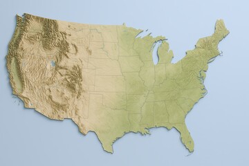 Detailed Elevation Map of the United States with Topographical Features and Geographic Boundaries.