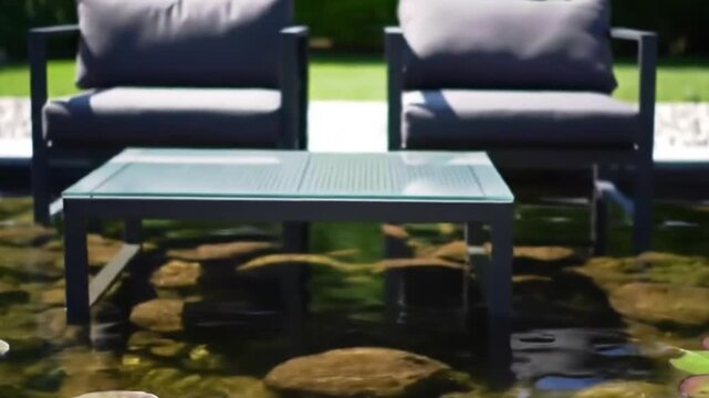Kursi kosong di taman berumput, desain mebel outdoor santai