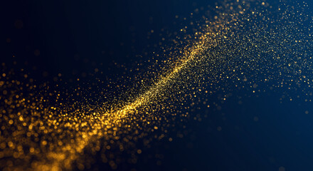 Obraz premium Golden Particles Glitter on Dark Blue Background. Abstract glittering golden particles on dark blue background, elegant festive backdrop for celebrations. 