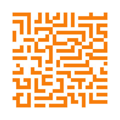A bold and vibrant abstract vector illustration in orange, resembling a pixel maze or digital code. Designed with a grid-based geometric style, this artwork is ideal for use in tech, retro